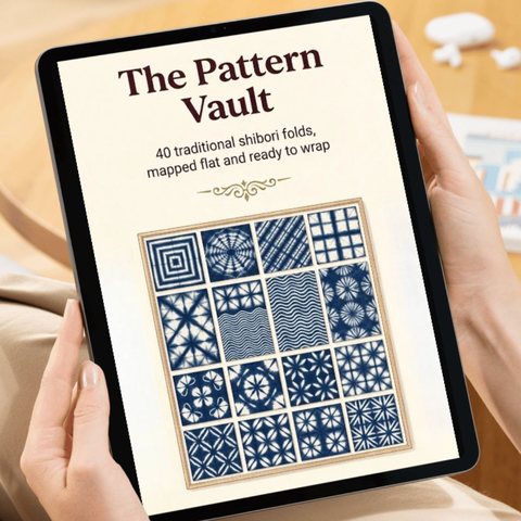 Bonus 3: The Pattern Vault shown on a tablet, a grid of sixteen traditional indigo shibori patterns