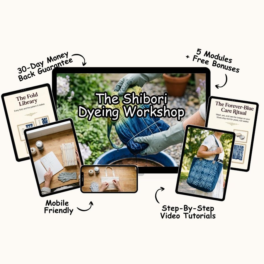 The Shibori Dyeing Workshop shown across a laptop, tablet and phone alongside two of its printed guides