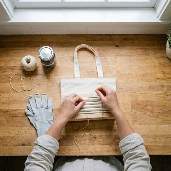 Module 2: overhead view of hands binding a folded cotton tote between wooden slats with natural twine