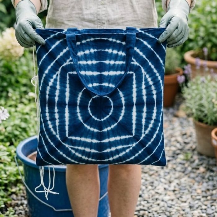 Module 5: gloved hands holding up a finished indigo tote patterned with concentric white rings